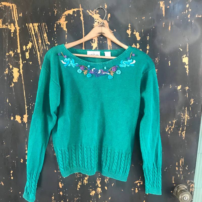 Vintage 90Er Jahre Grün Blumen Applikation Pullover Strick Baumwolle Mischung Von Justin B Jones Größe Medium von FossilizedFeather