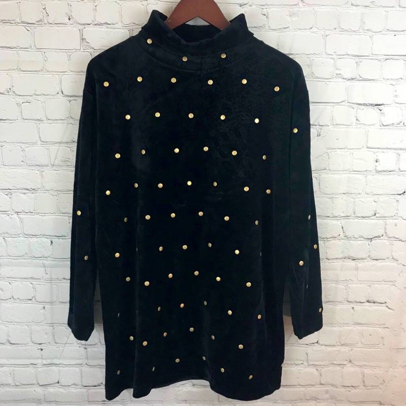 Vintage Schwarz Stretch Samt Rollkragen Pullover Tunika Mit Messing Metall Kreis All Over Verzierungen Von Dana Buchman Größe Medium von FossilizedFeather