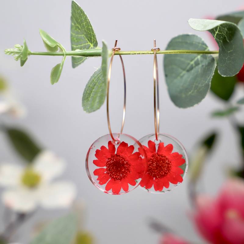 Rote Gänseblümchen-Creolen, Echte Gepresste Gänseblümchen, Vergoldete Creolen, Blütenohrringe, Blütenschmuck, Getrocknete Leicht Rote Gänseblümchen-Creolen, Echte Gepresste Gänseblümchen, Vergoldete Creolen, Blütenohrringe, Blütenschmuck, Getrocknete Leicht von FosteringFlowers