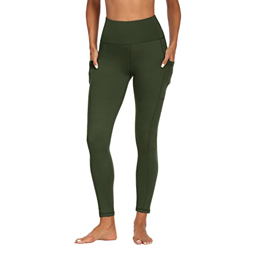 FOTOCITI Sport Leggings Damen mit Tasche High Waist Sportleggins Lang Blickdicht Sporthose Push Up Yogahose Bauchweg Laufhose Fitnesshose Hose(Armeegrün, L-XL) von FOTOCITI