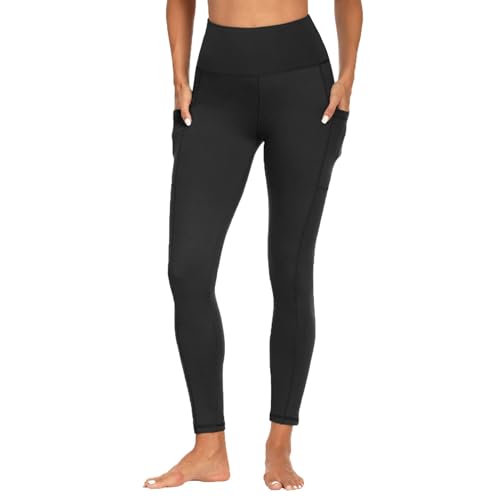 FOTOCITI Sport Leggings Damen mit Tasche High Waist Sportleggins Lang Blickdicht Sporthose Push Up Yogahose Bauchweg Laufhose Fitnesshose Hose(Schwarz-ohne Fleece, S-M) von FOTOCITI