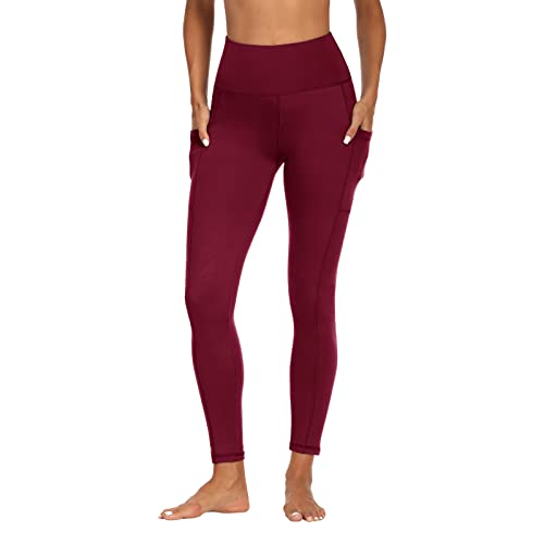 FOTOCITI Sport Leggings Damen mit Tasche High Waist Sportleggins Lang Blickdicht Sporthose Push Up Yogahose Bauchweg Laufhose Fitnesshose Hose(Weinrot, L-XL) von FOTOCITI