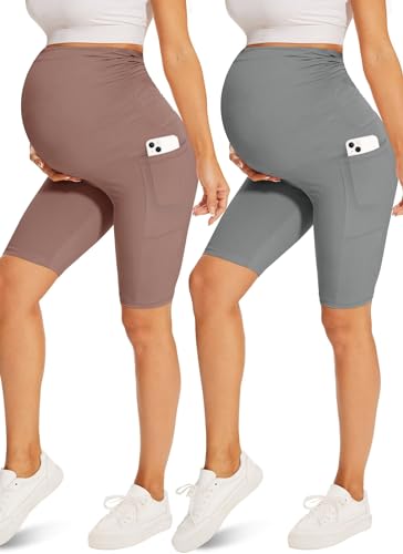 Fotociti Umstands-Shorts mit Taschen über dem Bauch, Biker-Shorts für Schwangerschaft, Yoga, aktives Workout, 20,3 cm, Hellgrau und Rosa, Groß von Fotociti