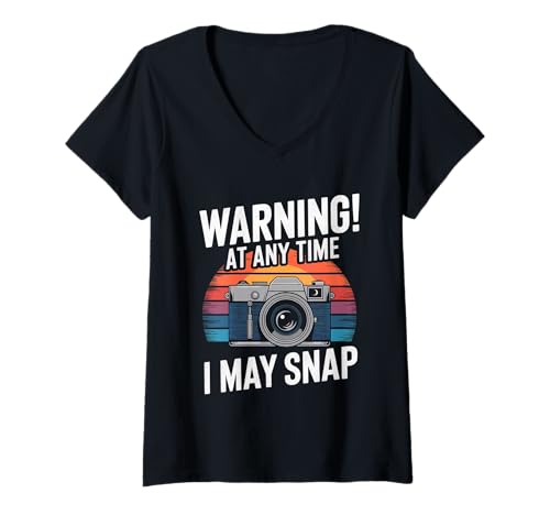 Damen Warning! at Any Time I May Snap - T-Shirt mit V-Ausschnitt von Fotograf FH