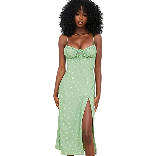 Fotormt Damen Boho Cottagecore Dress Kleid Vintage Spaghettiträger Blumen Midi Sexy Seitenschlitz Strandkleid Sommer von Fotormt