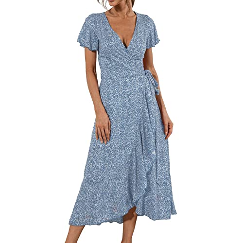 Fotormt Damen Sommer Wickelkleid Blumenkleid Kreuz V-Ausschnitt Rüschenärmel Kleid Boho Flowy Side Split Maxikleider Strand von Fotormt