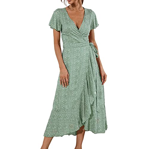Fotormt Damen Sommer Wickelkleid Blumenkleid Kreuz V-Ausschnitt Rüschenärmel Kleid Boho Flowy Side Split Maxikleider Strand von Fotormt