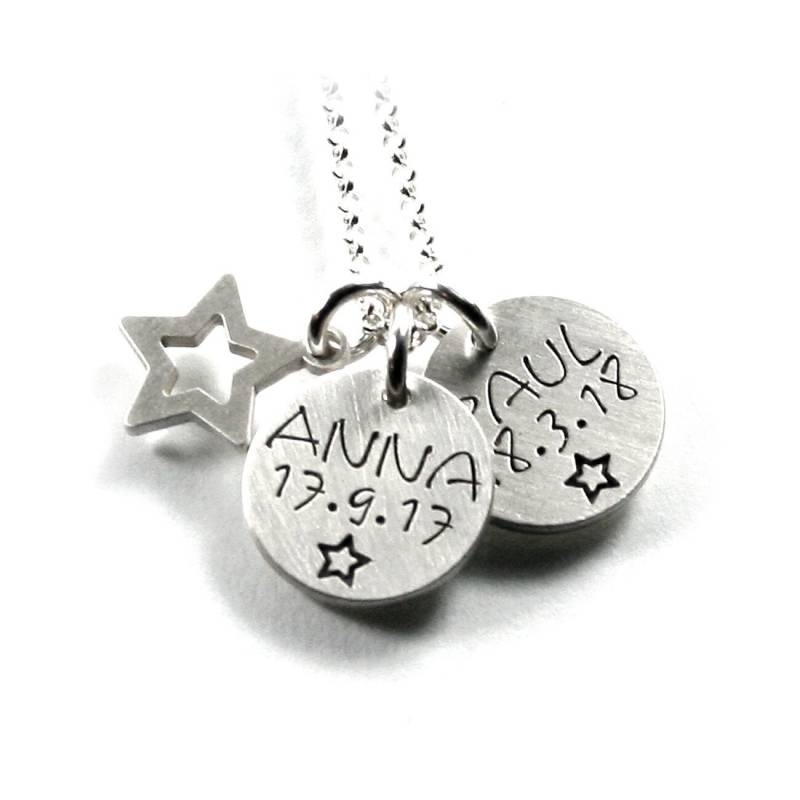 Drei Anhänger Mit Individueller Gravur Stern Namenskette Partnerschmuck Kette 925 Silber Individuell Datum Initiale Damen Herren | Ps152Ke2 von Fotoschmuck24