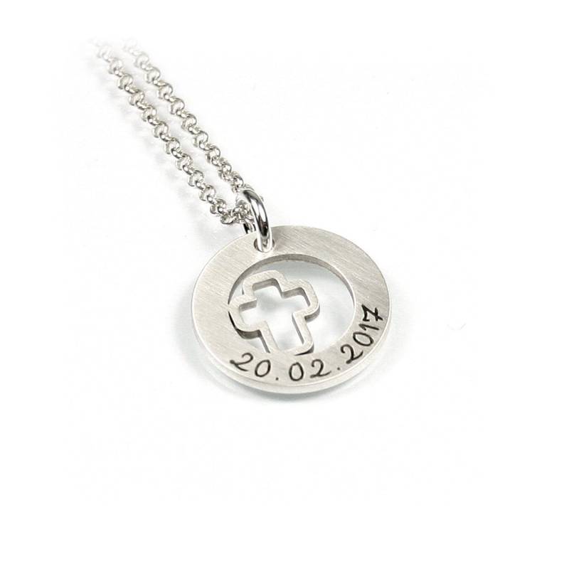 Kreuzanhänger Mit Gravur Kette Beides Aus 925 Silber Taufspruch Glaube Religion Kreuz Symbol Rund Namenskette Datum Initiale Taufe | Ps77Ke2 von Fotoschmuck24