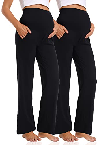Foucome Damen-Umstandshose, lässig, locker, weites Bein, gemütliche Hose, Schwangerschaftshose, Palazzo, Lounge-Hose mit Taschen, schwarz / schwarz, S von Foucome
