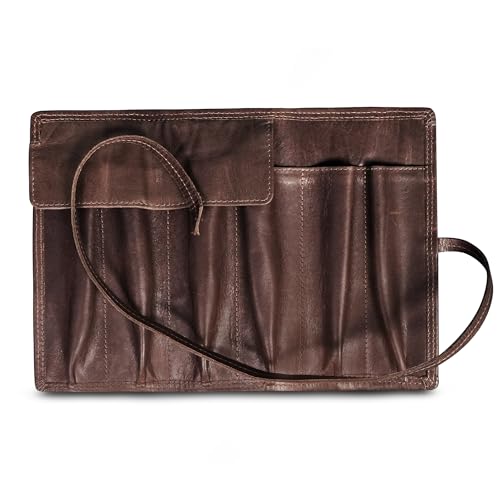 Füllfederhalter-Etui aus Leder (für 6 Stifte), handgefertigt, mit stabilem Riemen und Klappe, gesicherte Ledertasche mit zwei offenen Endtaschen für übergroße oder extra lange Stifte von Fountain Pen Revolution