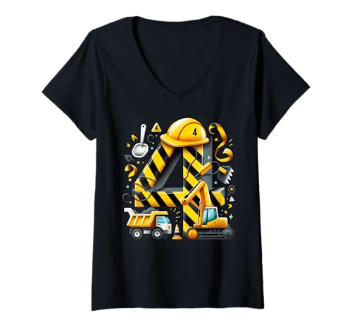 Damen Vier 4 Jahre 4. Geburtstag BAU-Outfit Junge 4 Jahre alt T-Shirt mit V-Ausschnitt Damen Vier 4 Jahre 4. Geburtstag BAU-Outfit Junge 4 Jahre alt T-Shirt mit V-Ausschnitt von Four 4th Birthday Construction Boy 4 Years Old
