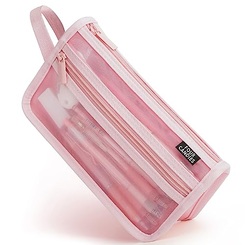 Four Candies Federmäppchen Transparent Federtaschen Farbig Mäppchen Etui Stifte, Groß Etui Schule Zippered Desk Organizer Schlamppermäppche Damen Tasche Halter Schreibwaren, Rosa von Four Candies