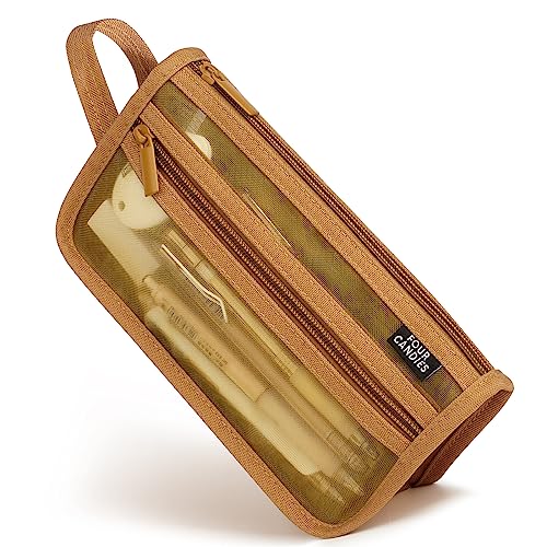 Four Candies Federmäppchen Transparent Federtaschen Farbig Mäppchen Etui Stifte, Groß Etui Schule Zippered Desk Organizer Schlamppermäppche Damen Tasche Halter Schreibwaren, Braun von Four Candies