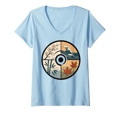 Damen Japanische Natur Jahreszeiten Kreis Wave Bambus Kunst T-Shirt mit V-Ausschnitt Damen Japanische Natur Jahreszeiten Kreis Wave Bambus Kunst T-Shirt mit V-Ausschnitt von Four Elements Japan Bamboo Sakura Ocean Leaves