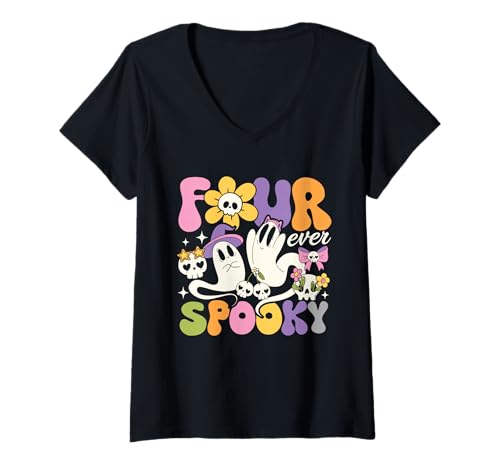 Damen Four Ever Gruselige Geburtstagsparty Girl 4 Jahre alt Kokette T-Shirt mit V-Ausschnitt Damen Four Ever Gruselige Geburtstagsparty Girl 4 Jahre alt Kokette T-Shirt mit V-Ausschnitt von Four Ever Spooky Halloween Ghost 4th Birthday