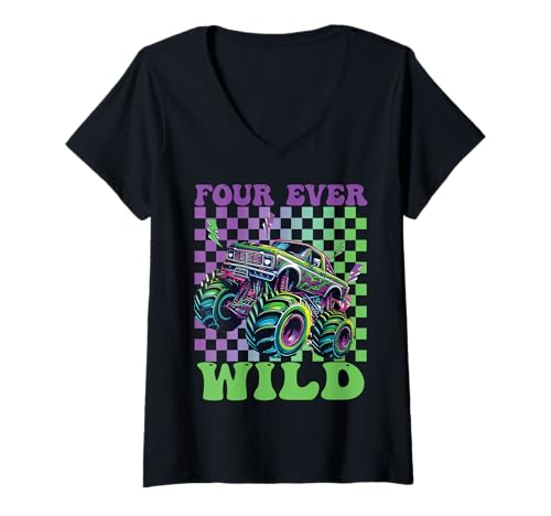 Damen Lustiger Four Ever Wild Monstertruck für Kinder zum 4. Geburtstag T-Shirt mit V-Ausschnitt Damen Lustiger Four Ever Wild Monstertruck für Kinder zum 4. Geburtstag T-Shirt mit V-Ausschnitt von Four Ever Wild 4 year Old Birthday Happy Dude