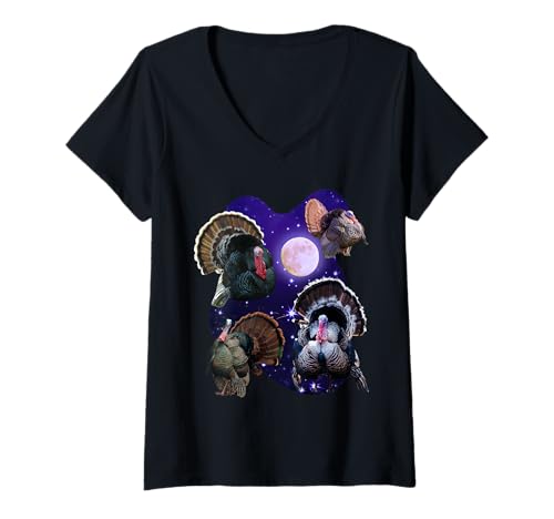 Damen Lustige Türkei heult auf dem Mond Weird Thanksgiving T-Shirt mit V-Ausschnitt Damen Lustige Türkei heult auf dem Mond Weird Thanksgiving T-Shirt mit V-Ausschnitt von Four Turkeys Howl at the Moon
