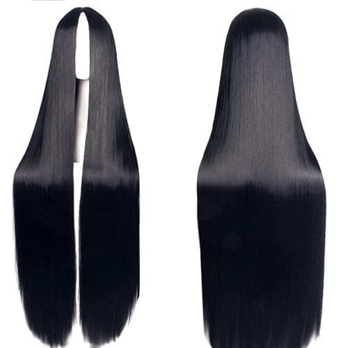Fouriding 100CM Schwarz Lange Glatt Perücken für Frauen,Mittellange Glatte Schwarze Perücken Cosplay-Perücke mit Mittelscheitel und Pony für Partys Halloween-Cosplay-Kostüme Täglichen Gebrauch 40Zoll von Fouriding