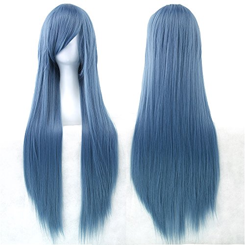 Fouriding 31" Army Blue Women's Long Straight Cosplay Party Wigs Hairpieces Hair Cap Lolita Style Anime Wig von Fouriding