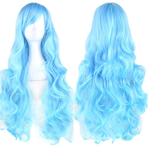 Fouriding 31" Water Blue Women's Long Curly Wave Cosplay Party Wigs Hairpieces Hair Cap Lolita Style Anime Wig von Fouriding