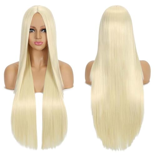 Fouriding 80cm Lange Gerade Haare Perücke Cosplay Perücke Mittelscheitel Pony für Damen Party Halloween Cosplay Kostüm Tägliche Perücke Cos Kopfbedeckung (Blassgold) von Fouriding