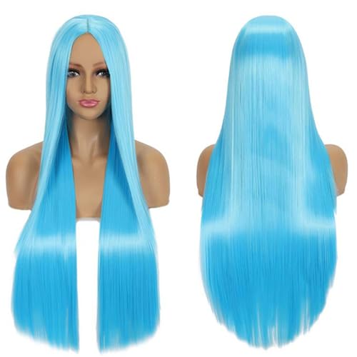 Fouriding 80cm Lange Gerade Haare Perücke Cosplay Perücke Mittelscheitel Pony für Damen Party Halloween Cosplay Kostüm Tägliche Perücke Cos Kopfbedeckung (Blau) von Fouriding