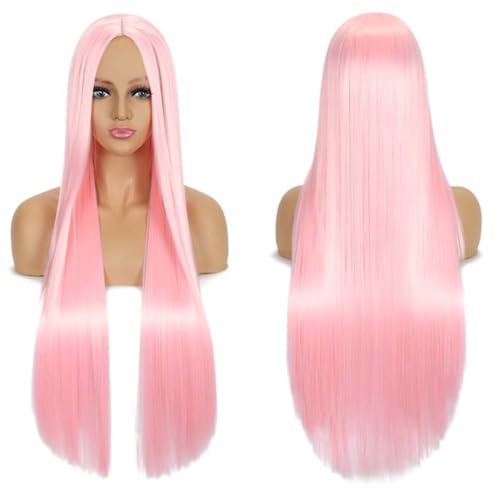 Fouriding 80cm Lange Gerade Haare Perücke Cosplay Perücke Mittelscheitel Pony für Damen Party Halloween Cosplay Kostüm Tägliche Perücke Cos Kopfbedeckung (Hellrosa) von Fouriding