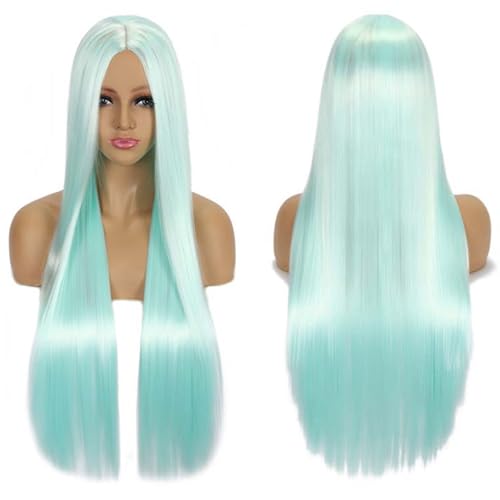 Fouriding 80cm Lange Gerade Haare Perücke Cosplay Perücke Mittelscheitel Pony für Damen Party Halloween Cosplay Kostüm Tägliche Perücke Cos Kopfbedeckung (Himmelblau) von Fouriding