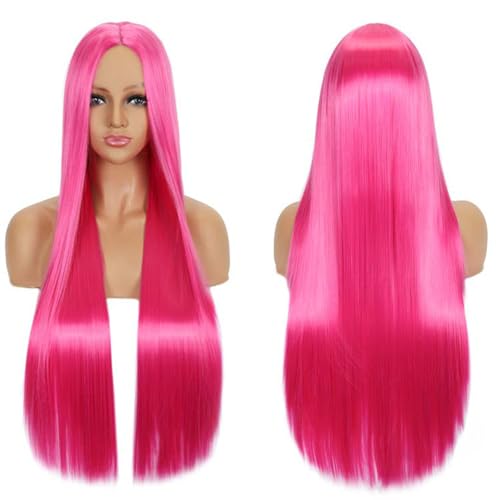 Fouriding 80cm Lange Gerade Haare Perücke Cosplay Perücke Mittelscheitel Pony für Damen Party Halloween Cosplay Kostüm Tägliche Perücke Cos Kopfbedeckung (Rosarot) von Fouriding