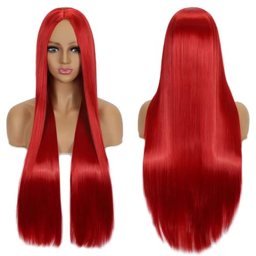 Fouriding 80cm Lange Gerade Haare Perücke Cosplay Perücke Mittelscheitel Pony für Damen Party Halloween Cosplay Kostüm Tägliche Perücke Cos Kopfbedeckung (Rot) von Fouriding