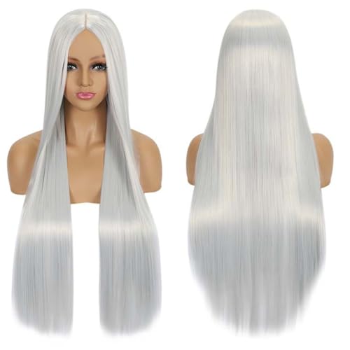 Fouriding 80cm Lange Gerade Haare Perücke Cosplay Perücke Mittelscheitel Pony für Damen Party Halloween Cosplay Kostüm Tägliche Perücke Cos Kopfbedeckung (Silber) von Fouriding