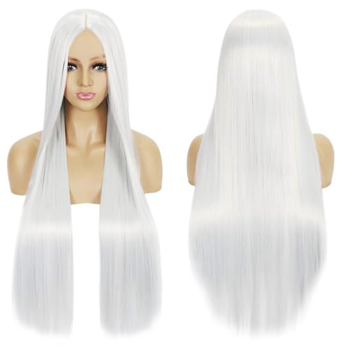 Fouriding 80cm Lange Gerade Haare Perücke Cosplay Perücke Mittelscheitel Pony für Damen Party Halloween Cosplay Kostüm Tägliche Perücke Cos Kopfbedeckung (Weiß) von Fouriding