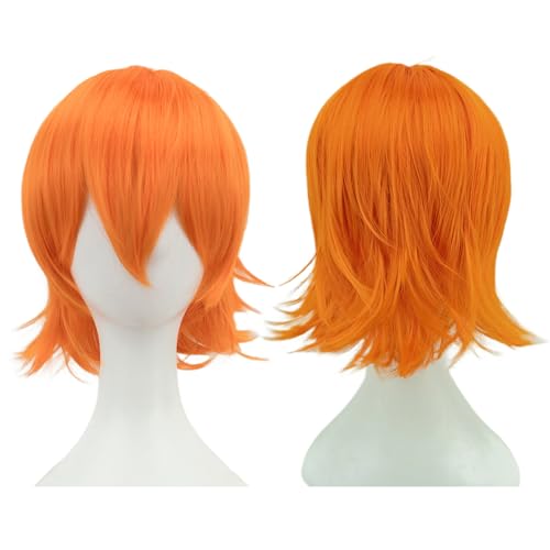 Fouriding Anime Kurze Perücke Cosplay Unisex Kurze Perücke Rversed Perücke Hitzebeständiges Synthetisches Haar für Damen Herren Halloween Party Cosplay Kostüm Perücke (Leuchtendes Orange) von Fouriding