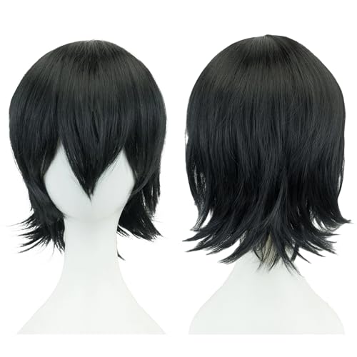 Fouriding Anime Kurze Perücke Cosplay Unisex Kurze Perücke Rversed Perücke Hitzebeständiges Synthetisches Haar für Damen Herren Halloween Party Cosplay Kostüm Perücke (Schwarz) von Fouriding
