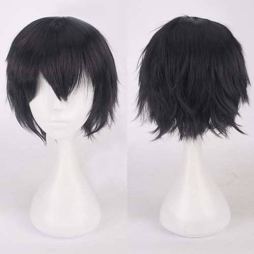 Fouriding Schwarz Kurze Perücke Unisex Kurze Cosplay Perücke Prom Haar Flauschig Geschichtet Hitzebeständig Synthetisches Haar für Damen Herren Party Halloween Cosplay Kostüm von Fouriding