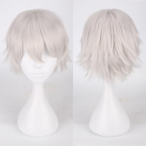 Fouriding Silber Weiß Perücke Unisex Kurze Cosplay Perücke Prom Haar Flauschig Geschichtet Hitzebeständig Synthetisches Haar für Damen Herren Party Halloween Cosplay Kostüm von Fouriding