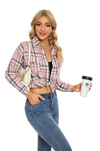 Fourindo Kariertes Hemd Damen - Hemdbluse Damen Baumwolle Flanellhemd Holzfällerhemd mit Knopfleiste Weich & Bequem Langarm Karohemd für Alltag und Oktoberfest Pink-L von Fourindo