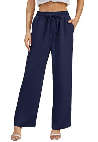Fourindo Hosen Damen Weites Bein Sommerhose Damen Leicht Elegant Hose Causal Locker Hohe Taille Stoffhose Freizeithose Palazzo Hose mit Tunnelzug von Fourindo