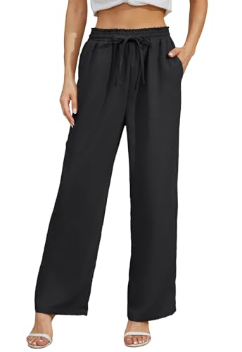 Fourindo Hosen Damen Weites Bein Sommerhose Damen Leicht Elegant Hose Causal Locker Hohe Taille Stoffhose Freizeithose Palazzo Hose mit Tunnelzug von Fourindo