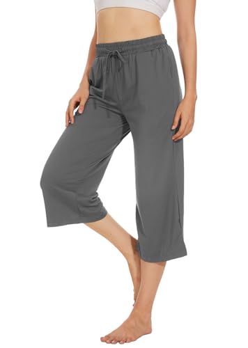 Fourindo Jogginghose Damen Sporthose Damen 3/4 Weites Bein Yogahose mit Taschen Leicht Bequeme Freizeithose Stoffhose High Waist Jogginghose für Sport Yoga Alltag von Fourindo