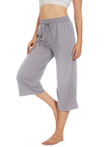 Fourindo Jogginghose Damen Sporthose Damen 3/4 Weites Bein Yogahose mit Taschen Leicht Bequeme Freizeithose Stoffhose High Waist Jogginghose für Sport Yoga Alltag von Fourindo