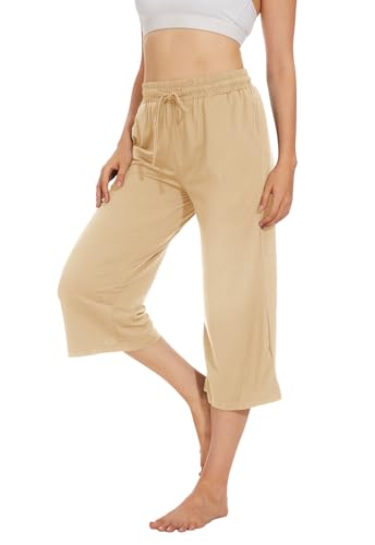 Fourindo Jogginghose Damen Sporthose Damen 3/4 Weites Bein Yogahose mit Taschen Leicht Bequeme Freizeithose Stoffhose High Waist Jogginghose für Sport Yoga Alltag von Fourindo