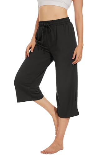 Fourindo Jogginghose Damen Sporthose Damen 3/4 Weites Bein Yogahose mit Taschen Leicht Bequeme Freizeithose Stoffhose High Waist Jogginghose für Sport Yoga Alltag von Fourindo