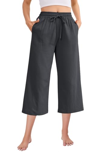 Fourindo Leinenhose Damen 3/4 Weites Bein Sommerhose Damen Leicht Hohe Taille Stoffhose mit Taschen Bequeme Causal Locker Sommer Hosen von Fourindo