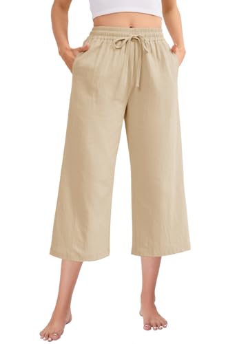 Fourindo Leinenhose Damen 3/4 Weites Bein Sommerhose Damen Leicht Hohe Taille Stoffhose mit Taschen Bequeme Causal Locker Sommer Hosen von Fourindo
