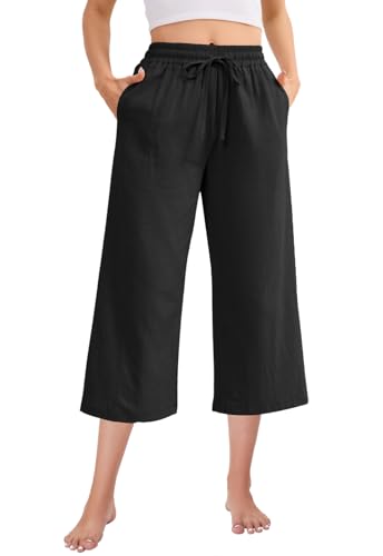 Fourindo Leinenhose Damen 3/4 Weites Bein Sommerhose Damen Leicht Hohe Taille Stoffhose mit Taschen Bequeme Causal Locker Sommer Hosen von Fourindo
