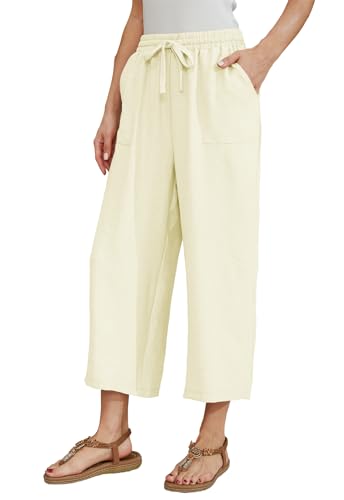 Fourindo Leinenhose Damen 7/8 Weites Bein Sommerhose Damen Leicht Elegant Leinenhose Stoffhose Causal Locker Freizeithose Hohe Taille Sommer Hosen für Urlaub und Alltag von Fourindo