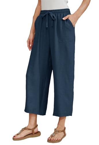 Leinenhose Damen 7/8 Weites Bein Sommerhose Damen Leicht Elegant Leinenhose Stoffhose Causal Locker Freizeithose Hohe Taille Sommer Hosen für Urlaub und Alltag von Fourindo