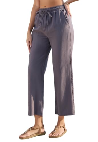 Fourindo Sommerhose Damen Leicht Leinenhose Damen Weites Bein Sommer Hosen Hohe Taille Stoffhose mit Taschen Bequeme Causal Locker Palazzo Hose von Fourindo